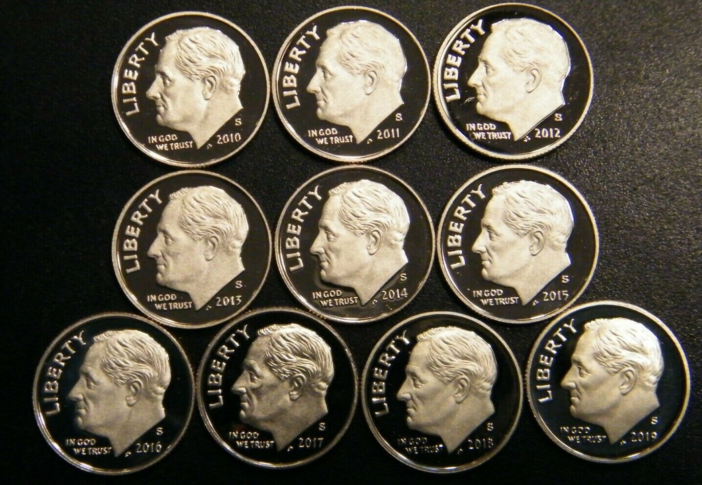 2010-2019-S Roosevelt Dime Gem Cameo Proof Clad Run 10 Coin Set US Mint Lot