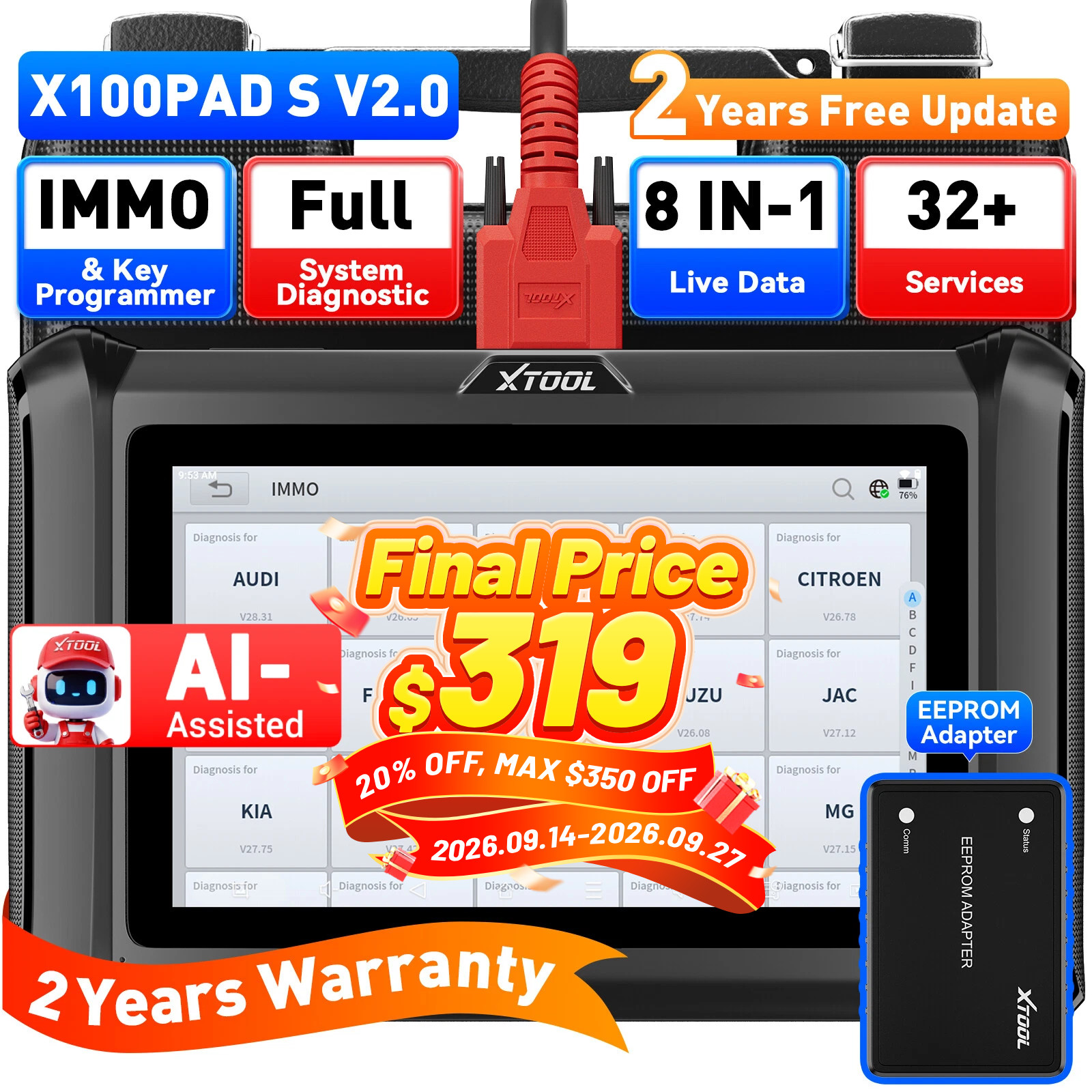 XTOOL X100 PADS V2.0 Auto Key IMMO Programmer Full System Diagnostic Tool FCA