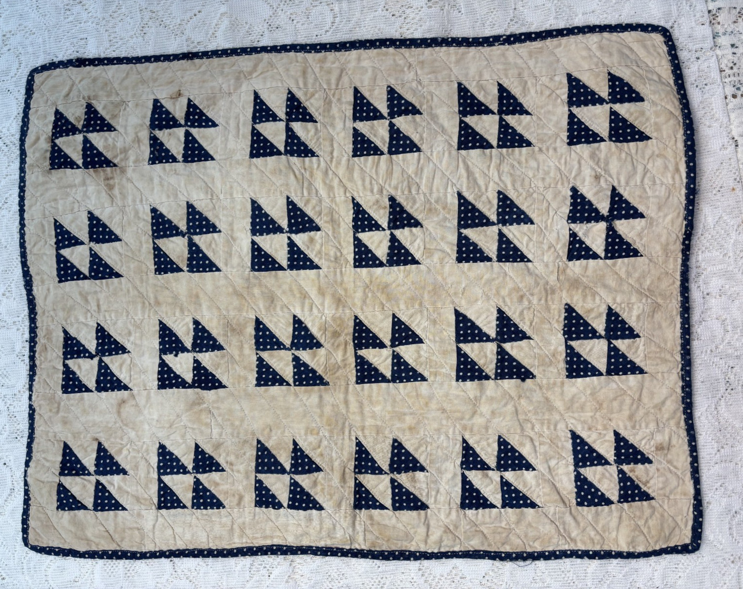 Antique Vtg Early Doll Quilt Blue & White Tiny Squares Flying Geese 14X18 Cotton