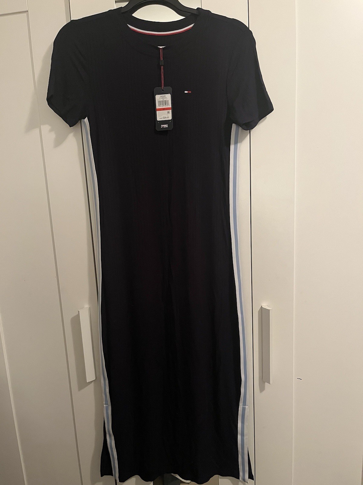 Tommy Jeans Women\'s Black Ribbed Cotton T-Shirt Maxi Dress XS Side Slit Tommy Jeans Women\'s Black Ribbed Cotton T-Shirt Maxi Dress XS Side Slit
