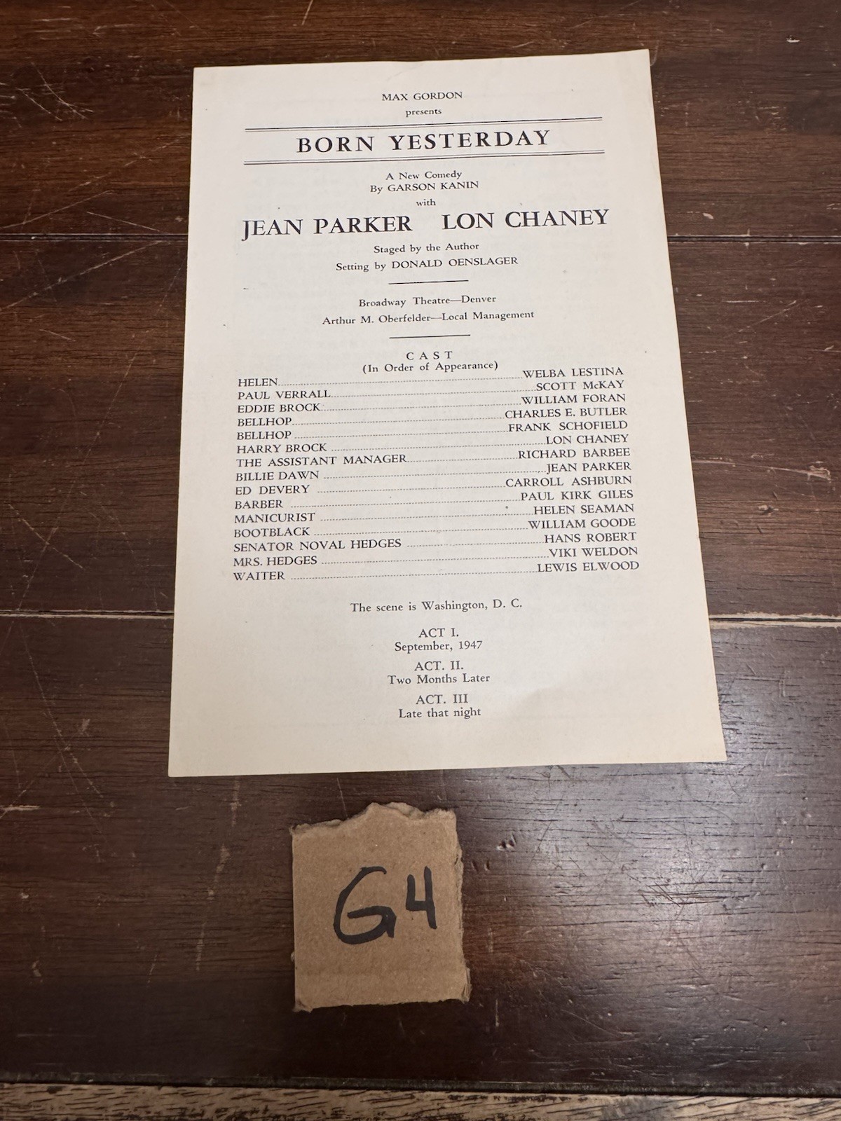 1948 Born Yesterday Denver Playbill Lon Chaney Jean Parker Broadway Theatre