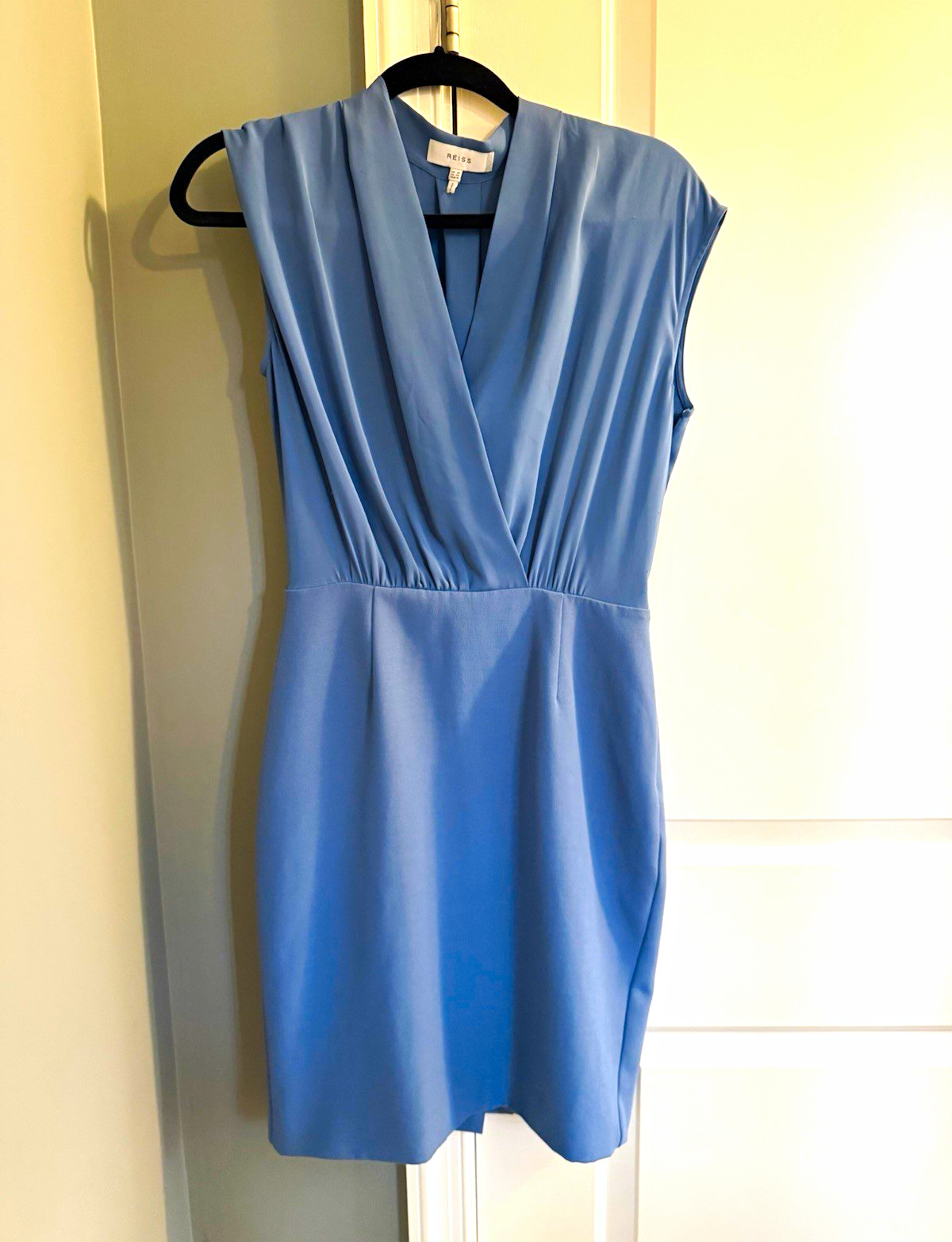Reiss Women’s Dress Size 6 Blue Draped V Neck Cap Sleeve Sheath Career Reiss Women’s Dress Size 6 Blue Draped V Neck Cap Sleeve Sheath Career