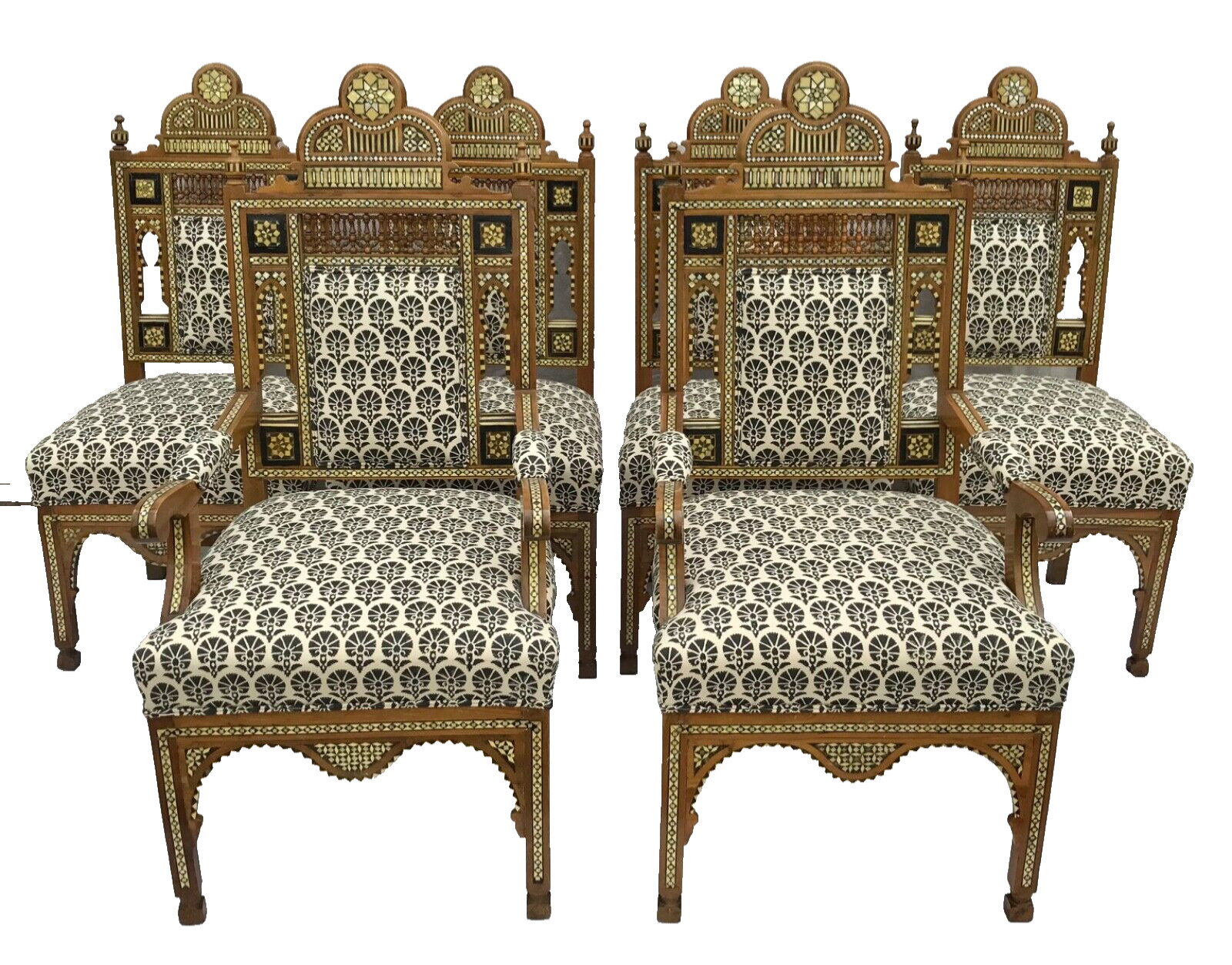 Ca1880 Syrian Damascene Carved Inlaid Walnut Chairs 2 Armchairs & 4 Side Chairs