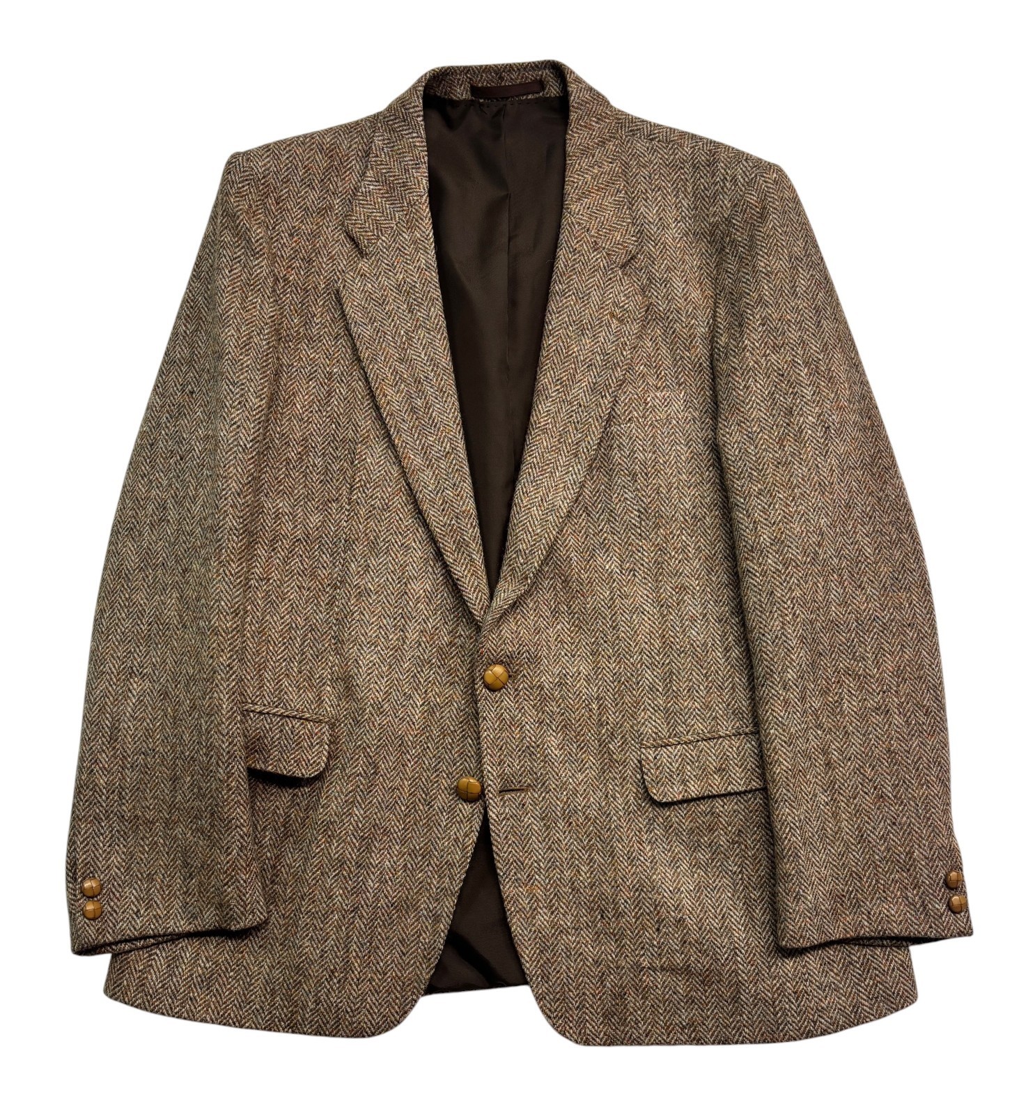 vtg Harris Tweed 44L Brown Tan Herringbone Fleck Wool Blazer Jacket Sport Coat