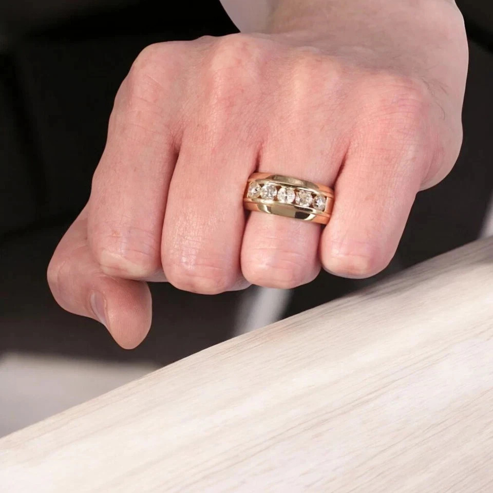 Limited Sale  Round Lab Grown Diamond 5 Stone Men\'s Band Ring 14K Yellow Gold