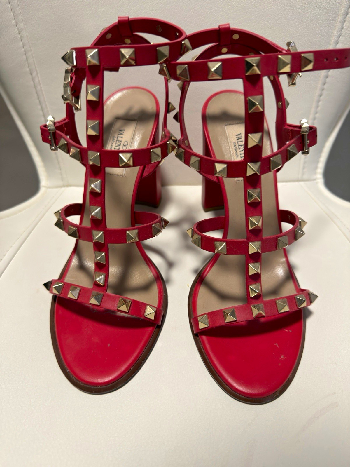 Valentino Garavani Red Leather Studded Strappy Open Toe 8.5 USA Valentino Garavani Red Leather Studded Strappy Open Toe 8.5 USA