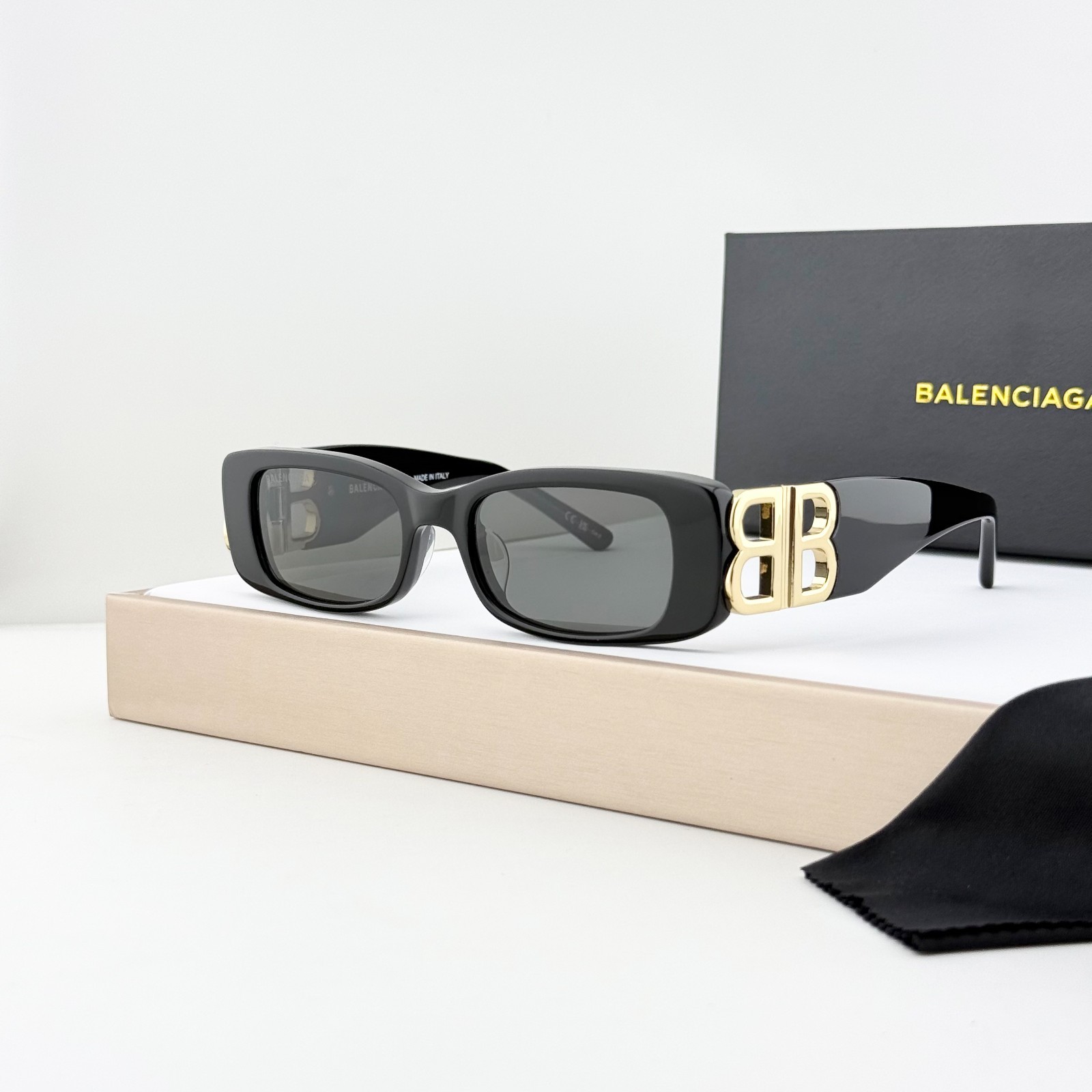 Balenciaga BB0096S Dynasty Narrow Sunglasses Black Crystal BB Logo Unisex