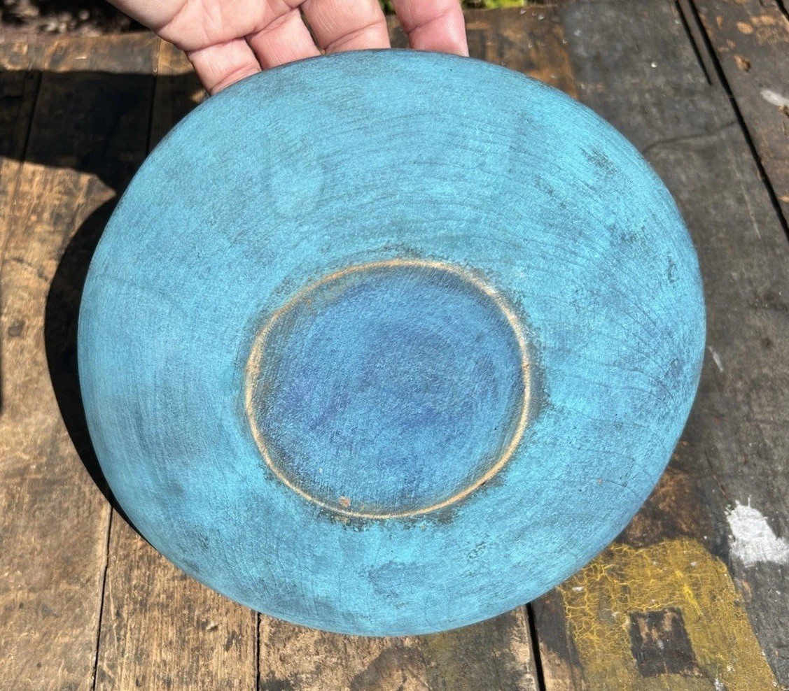 Antique Farmhouse 9” Diameter Oblong Dough Bowl Old Worn Primitive Blue Paint Antique Farmhouse 9” Diameter Oblong Dough Bowl Old Worn Primitive Blue Paint