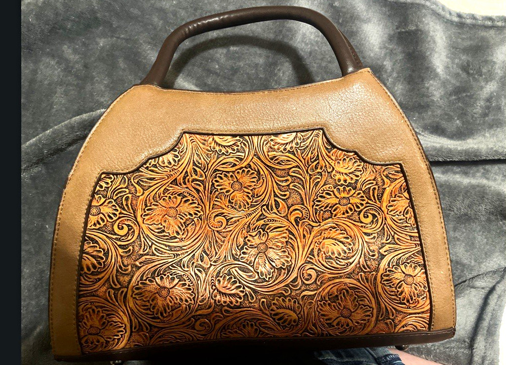Brown Tooled Floral Leather Top Handle Women’s Handbag Purse Brown Tooled Floral Leather Top Handle Women’s Handbag Purse