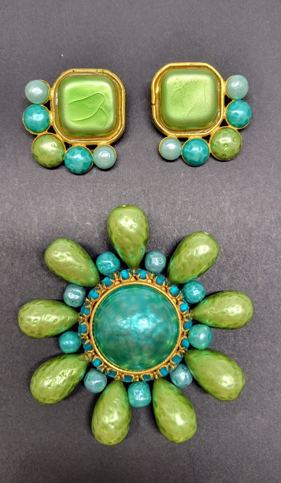 Vintage Dominique Aurientis Brooch and Earrings in Turquoise / Lime Green Pearls