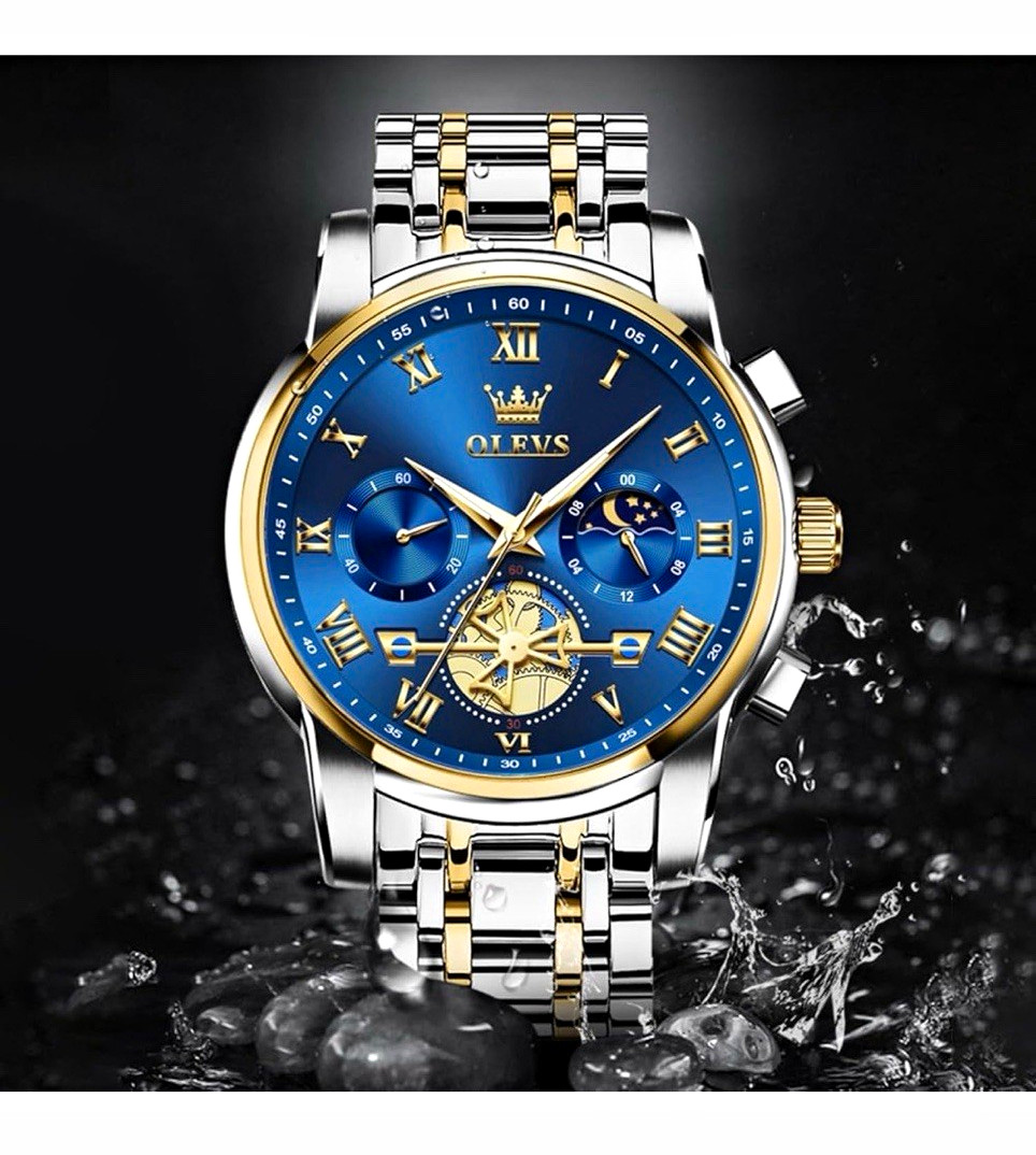 OLEVS Men\'s Dress 42mm Chronograph Watch Quartz Blue Dial Two-Tone Bracelet