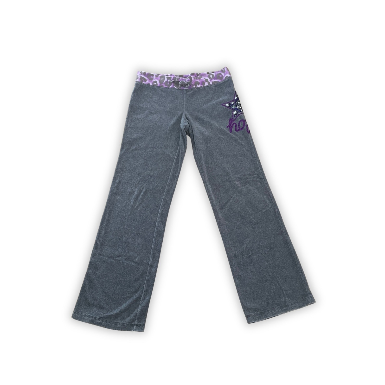 Justice Girls\' Gray Velour Wide Leg Pants with Purple Leopard Waistband Size 14