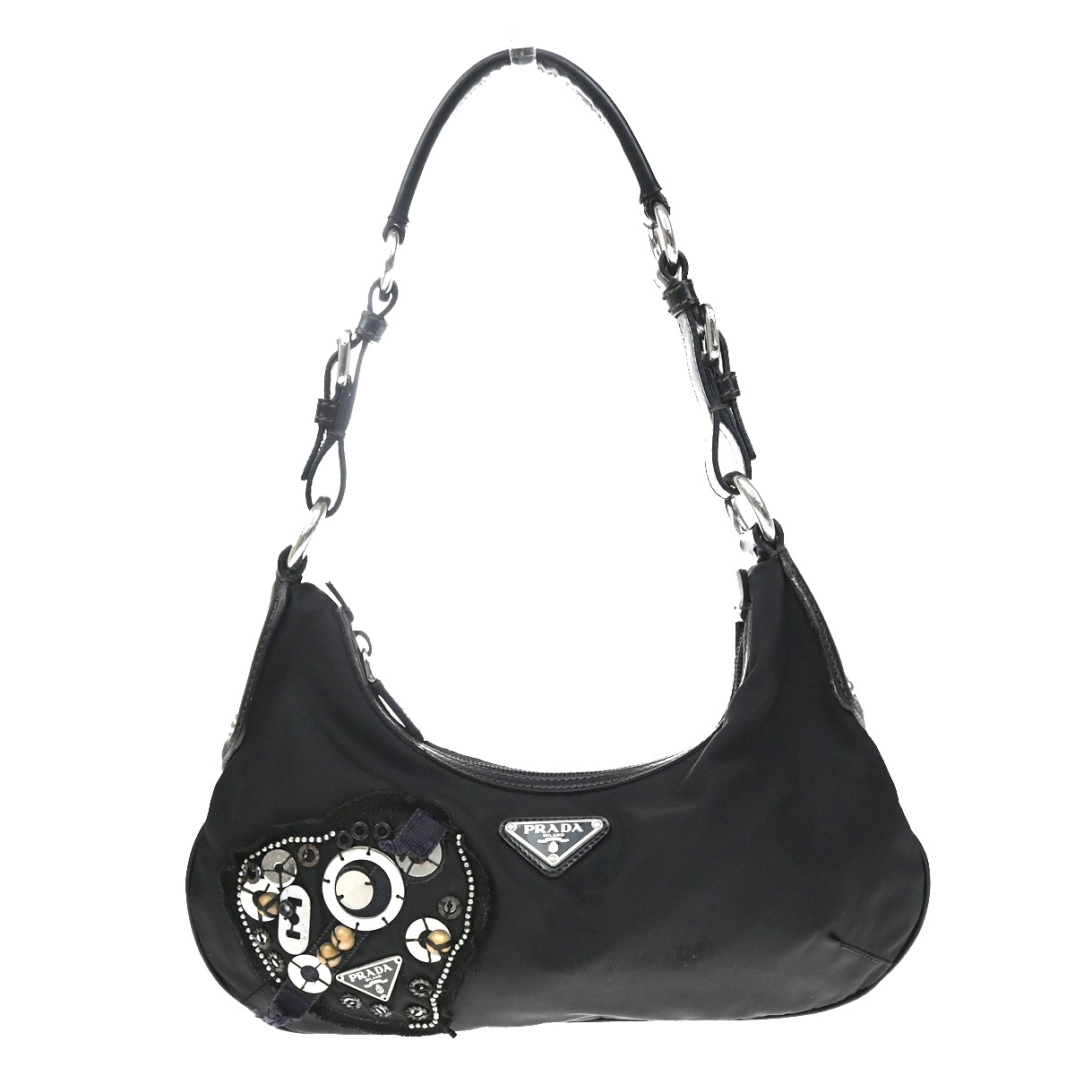 PRADA Logo Tessuto Robot Heart Shoulder Bag Nylon Leather Black Italy 72YJ494