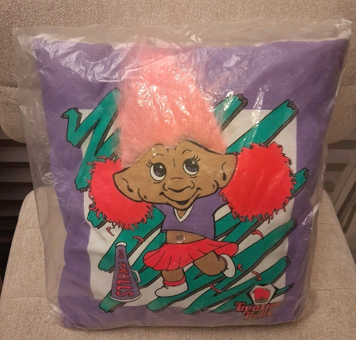 Treasure Trolls Purple Plush Throw Pillow Cheerleader Pink Hair NOS Vintage Rare Treasure Trolls Purple Plush Throw Pillow Cheerleader Pink Hair NOS Vintage Rare