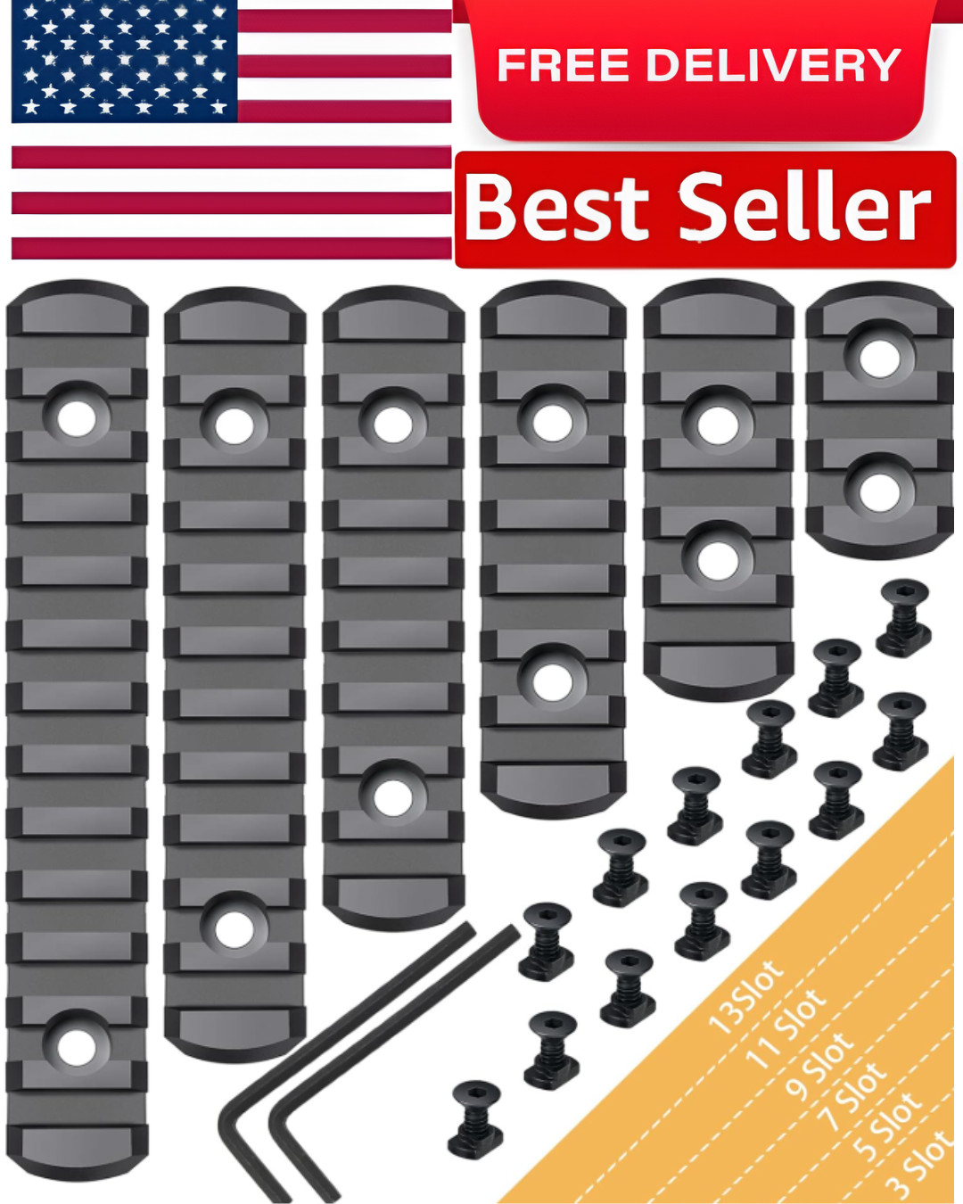 6 Pack Lock Picatinny Rail Aluminum 3/5/7/9/11/13 Slot Set M-Lok Picatinny Rail