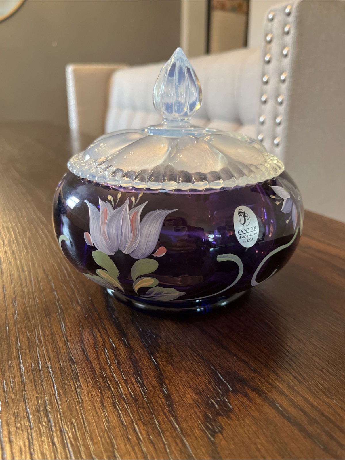 FENTON GLASS ROYAL PURPLE H/P SIGNED BY THE ARTIST POWDER BOX , CANDY DISH FENTON GLASS ROYAL PURPLE H/P SIGNED BY THE ARTIST POWDER BOX , CANDY DISH