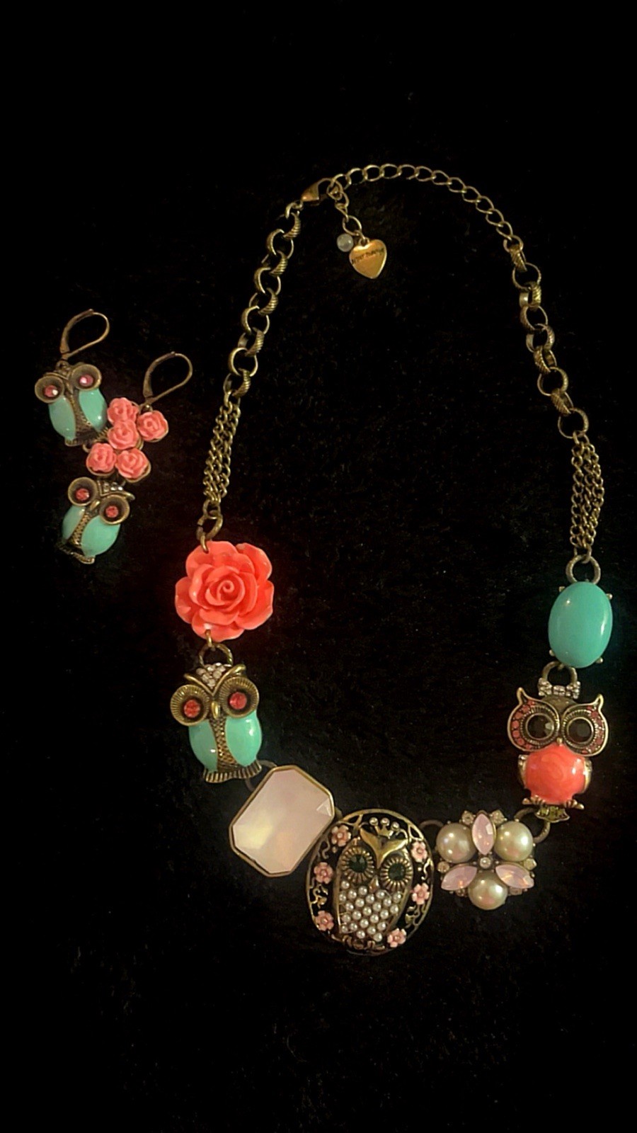 RARE Vintage Betsey Johnson Owl & Coral Rose Statement Necklace Earring Set