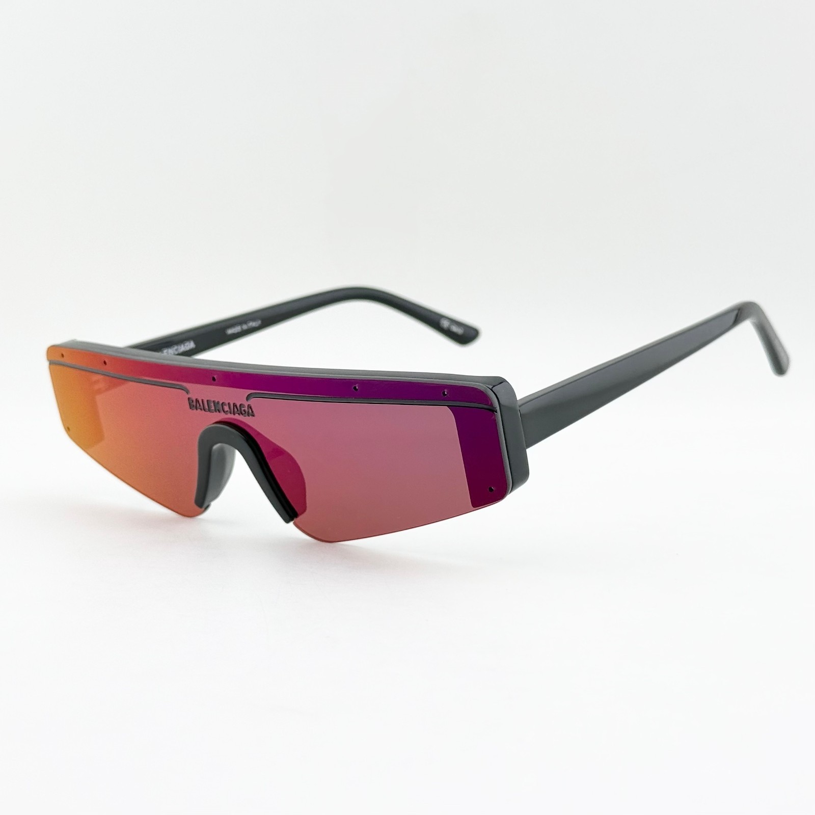 Balenciaga BB0003S Shield Sunglasses Black Frame Purple Mirror Lens Unisex
