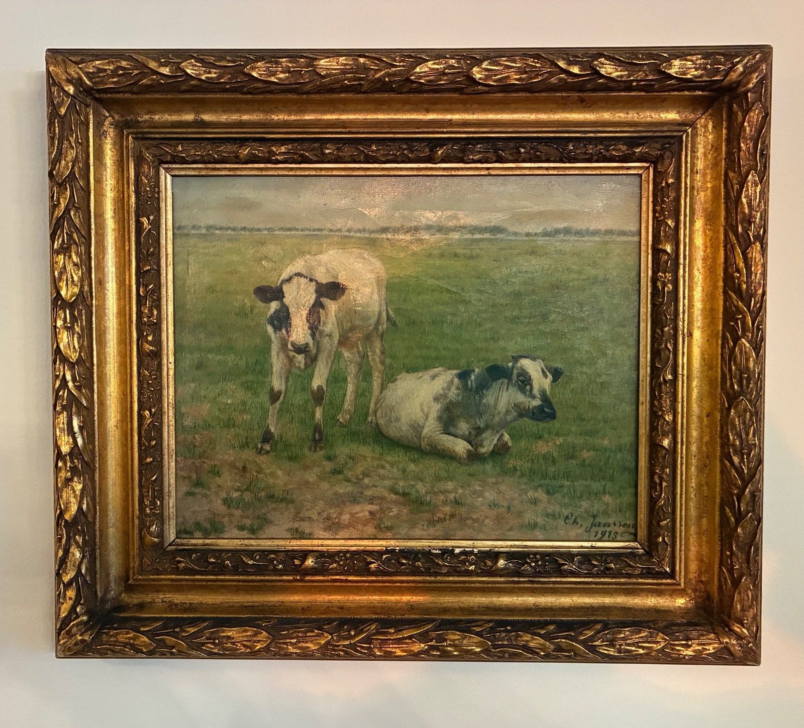 Antique Oil Painting Cows Signed Ch. Jansson Framed Small 1915