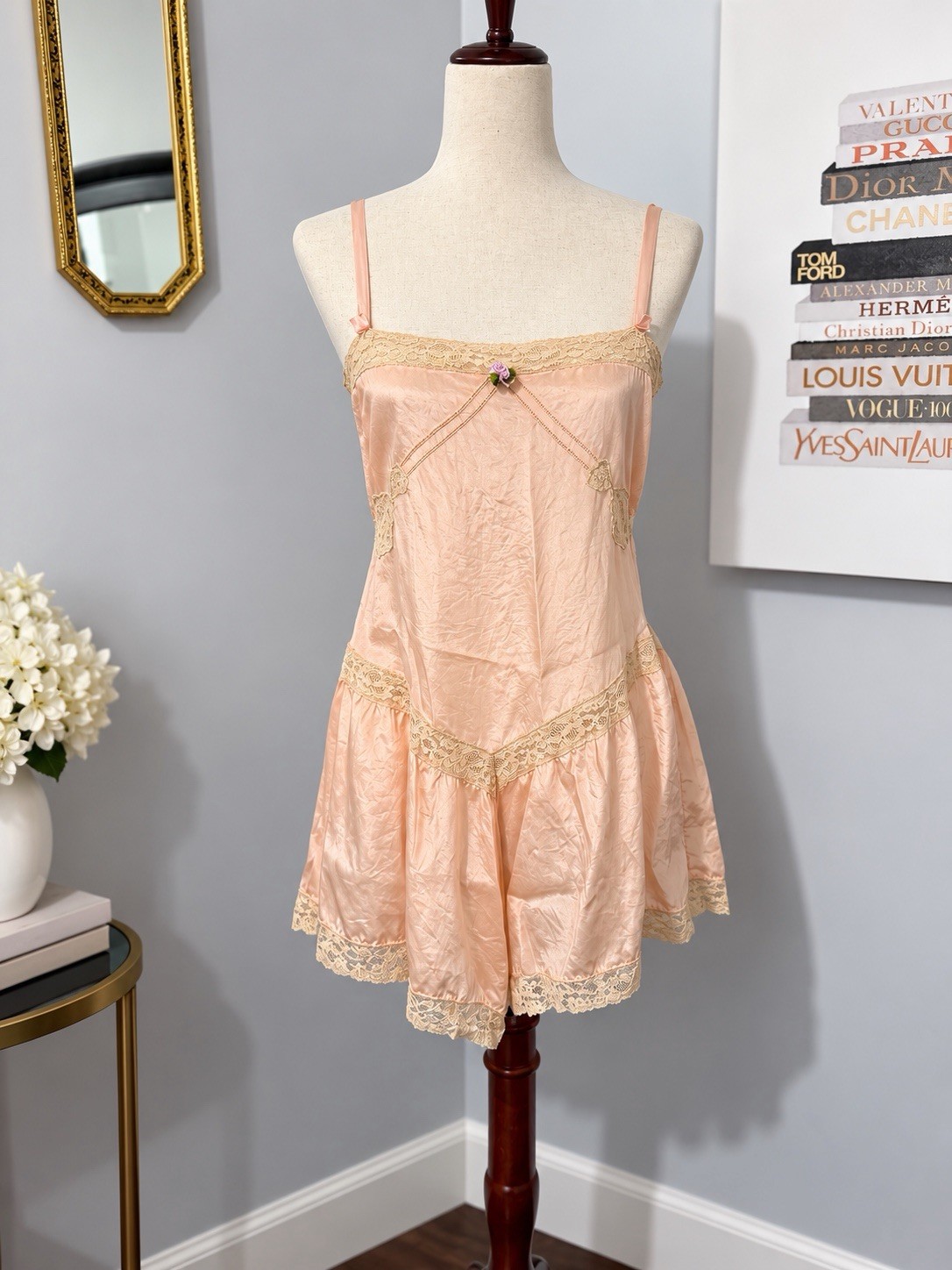 Antique 1920s Silk Step-In Chemise Peach Lace Ribbonwork Flapper Lingerie Antique 1920s Silk Step-In Chemise Peach Lace Ribbonwork Flapper Lingerie