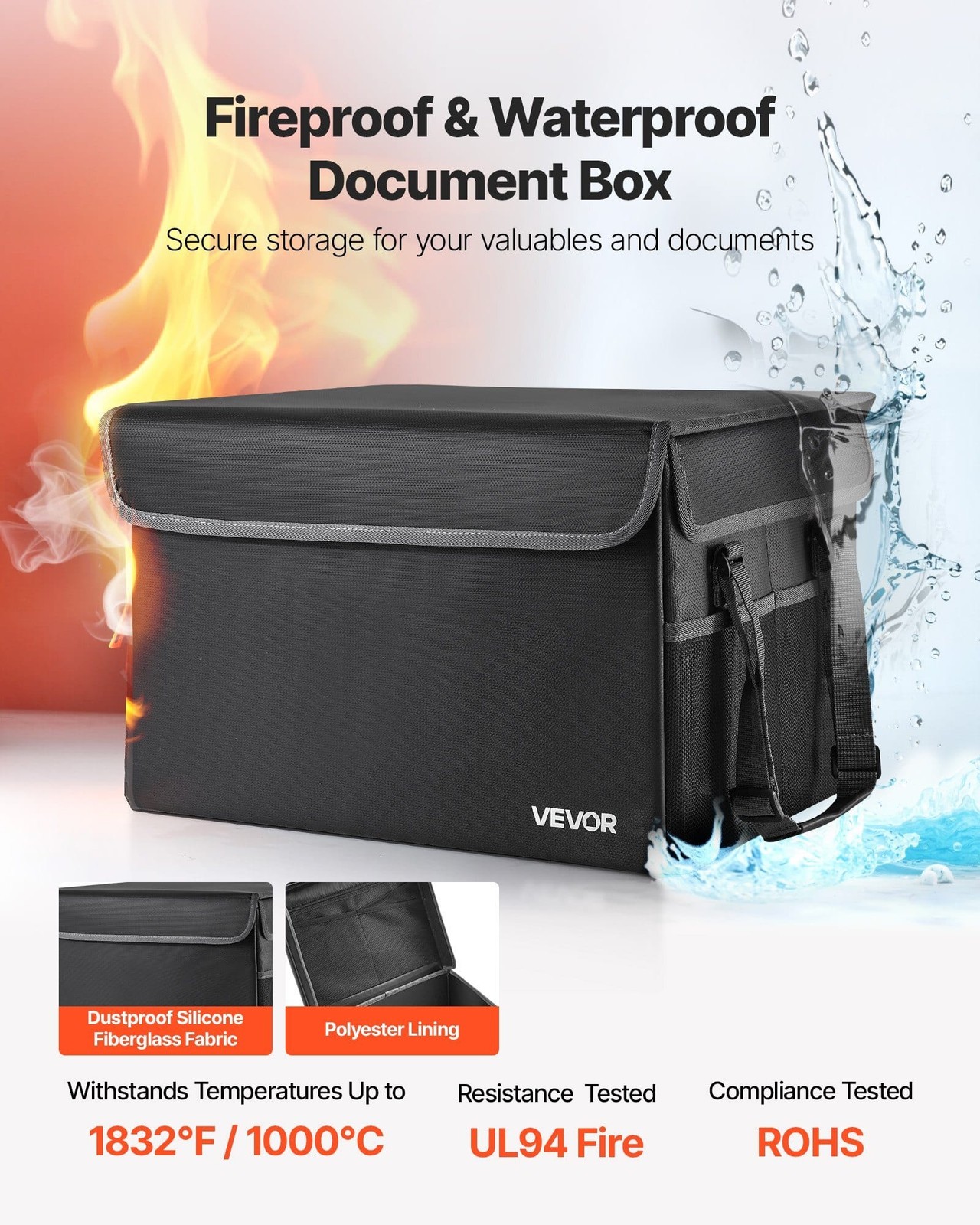 Fireproof Document Box, 1832 ?&bdquo;&permil; Heat Insulated Fireproof & Waterpr