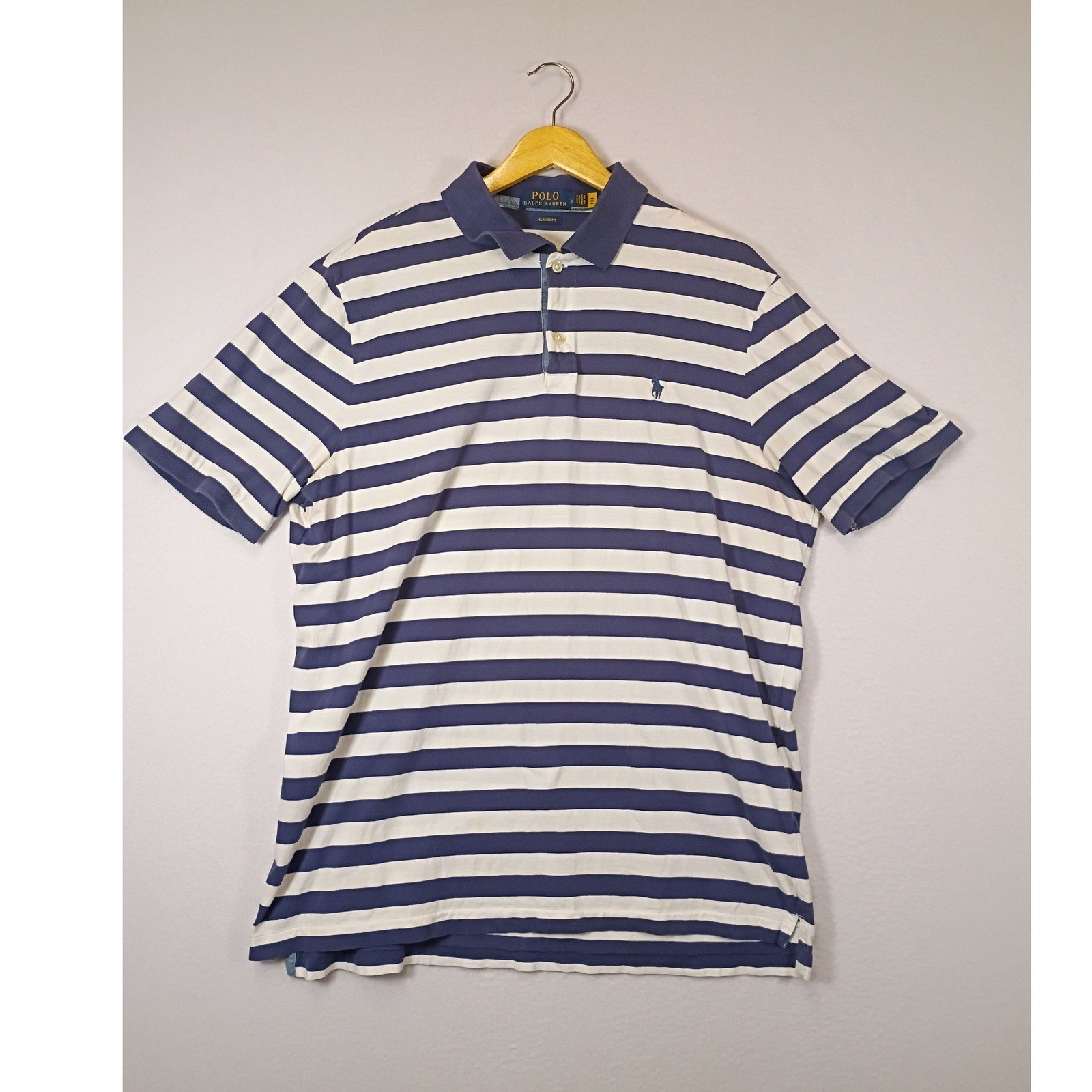 Preppy Polo Ralph Lauren Mens Large Navy White Striped Classic Fit Polo Shirt