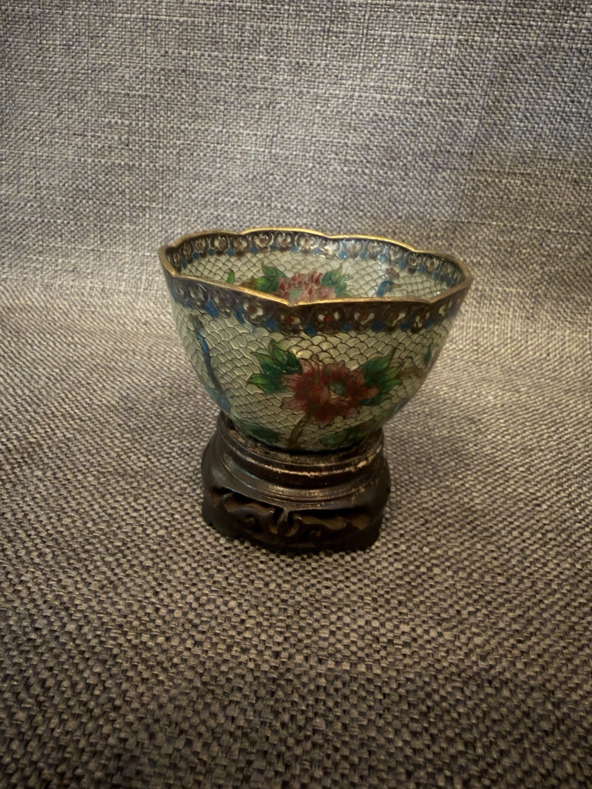 Vintage Chinese Plique A Jour Enamel Peacock Floral Bowl Wood Stand Translucent