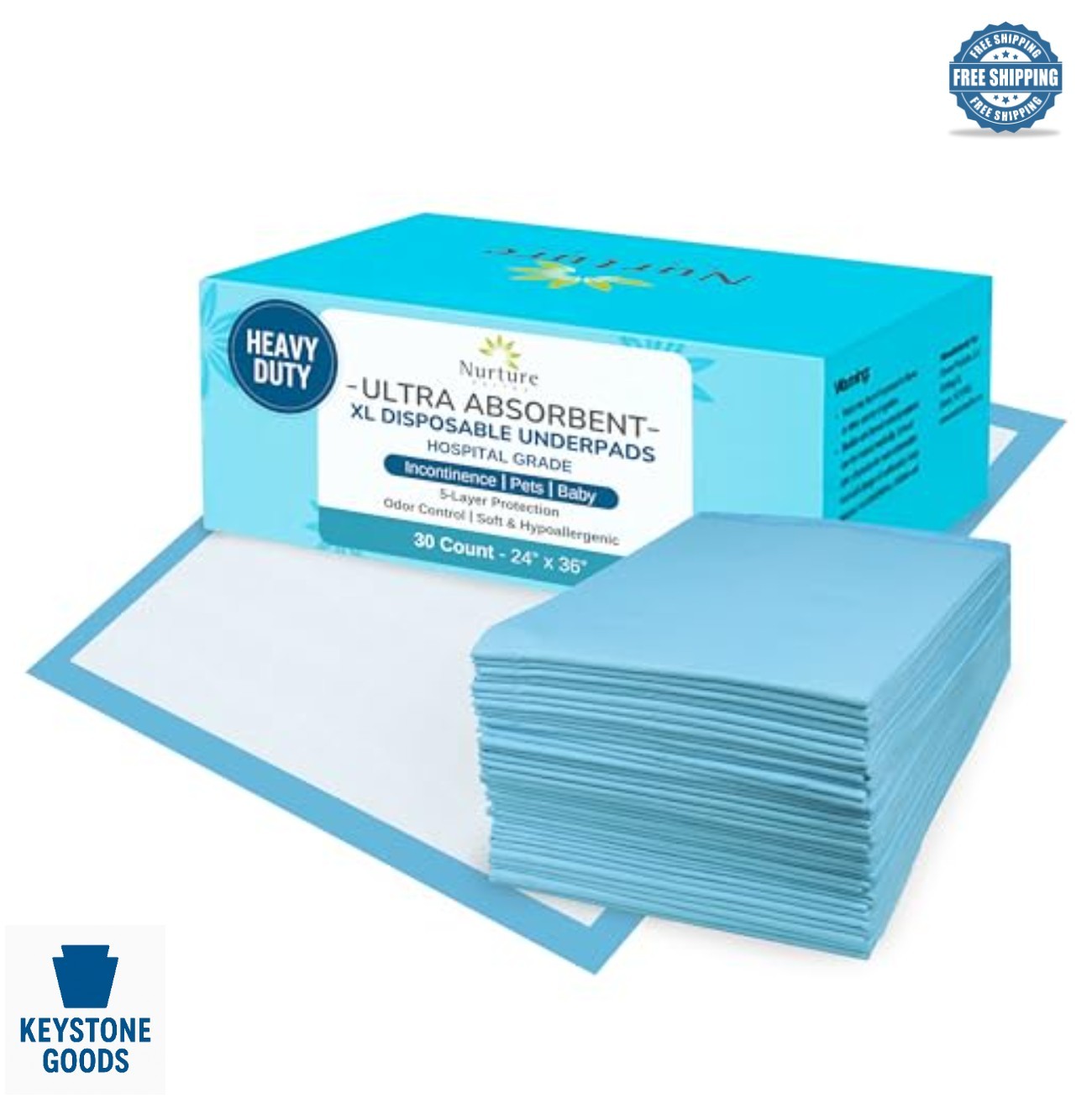 Heavy Duty Disposable Underpads 24x36 30 Pack 5 Layer Polymer Waterproof