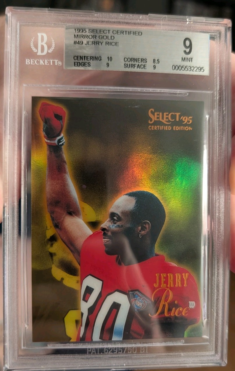 1995 Pinnacle Select Certified Mirror Gold Jerry Rice #49 BGS 9. 49ers GOAT 1995 Pinnacle Select Certified Mirror Gold Jerry Rice #49 BGS 9. 49ers GOAT
