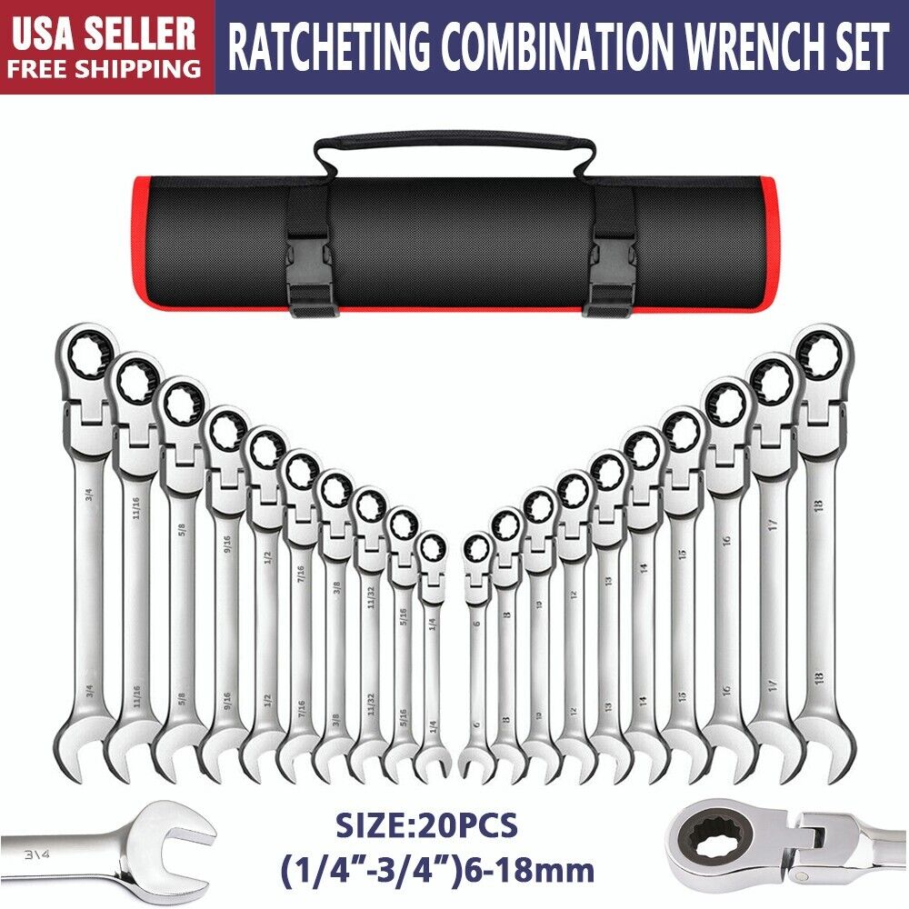 20-Piece SAE and Metric Ratcheting Combination Wrench Set( Flex-Head+Fixed Head)