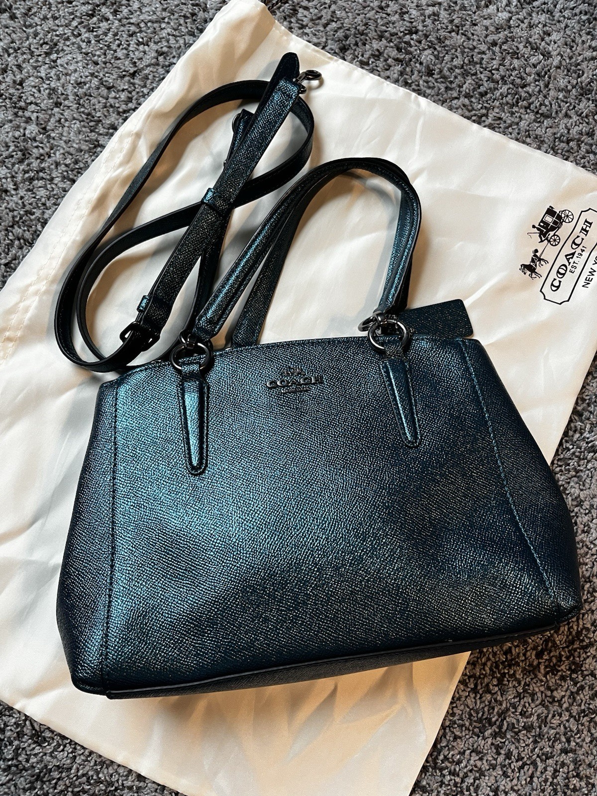 Coach Authentic F23337 MiniChristie Carryall Metallic Dark Teal/ Antq Nickel Coach Authentic F23337 MiniChristie Carryall Metallic Dark Teal/ Antq Nickel