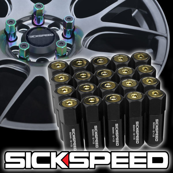 SICKSPEED 20 PC BLACK/24K GOLD CAPS ALUMINUM 60MM LUG NUTS WHEELS 12X1.5 L07