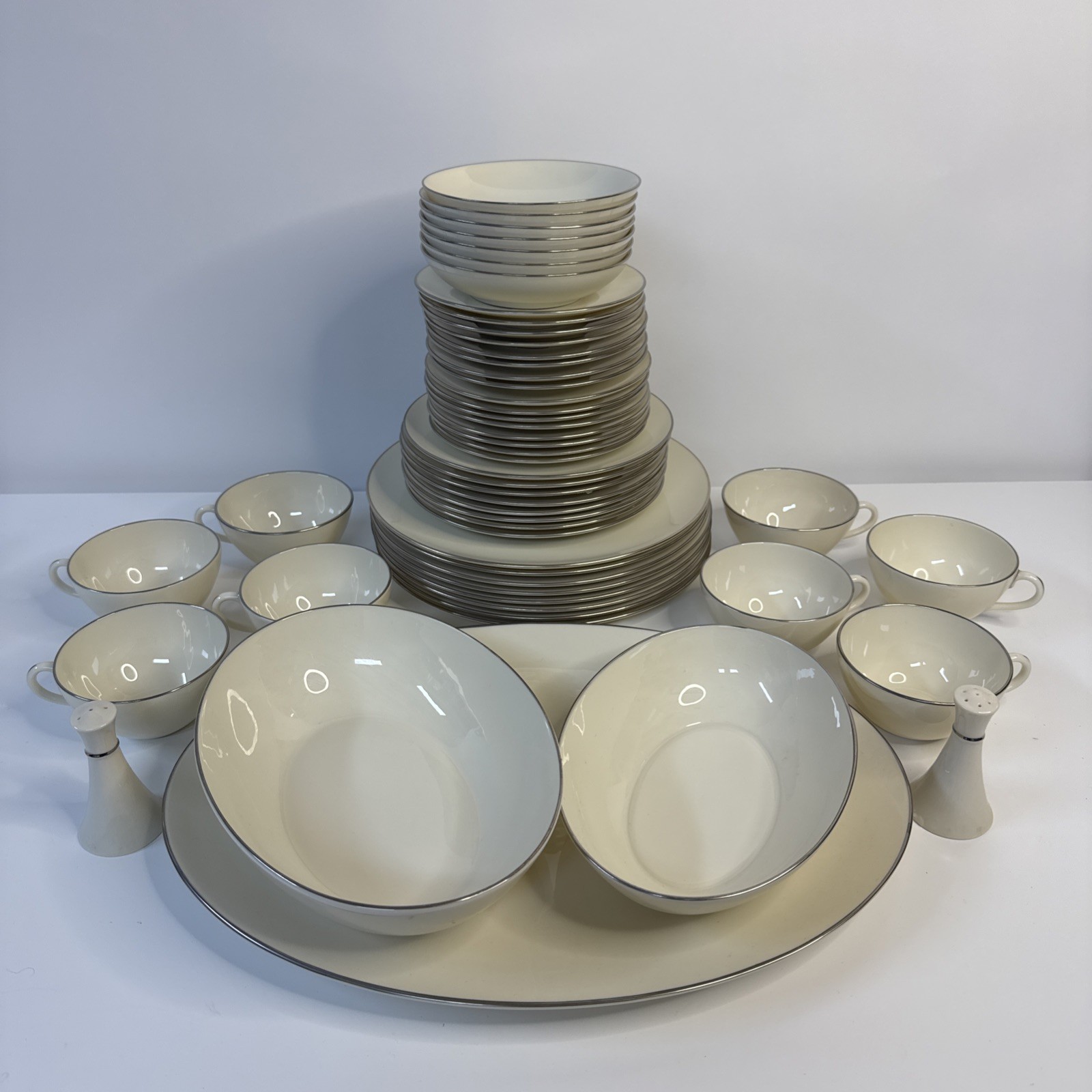 52 Pc Vintage LENOX Olympia Platinum Trim 6pc Settings, 3 Serving, Salt/Pepper