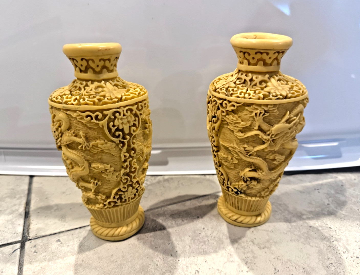 Vintage Chinese Dragon Carved Resin Vase Faux Cinnabar Style Cream Vintage Chinese Dragon Carved Resin Vase Faux Cinnabar Style Cream