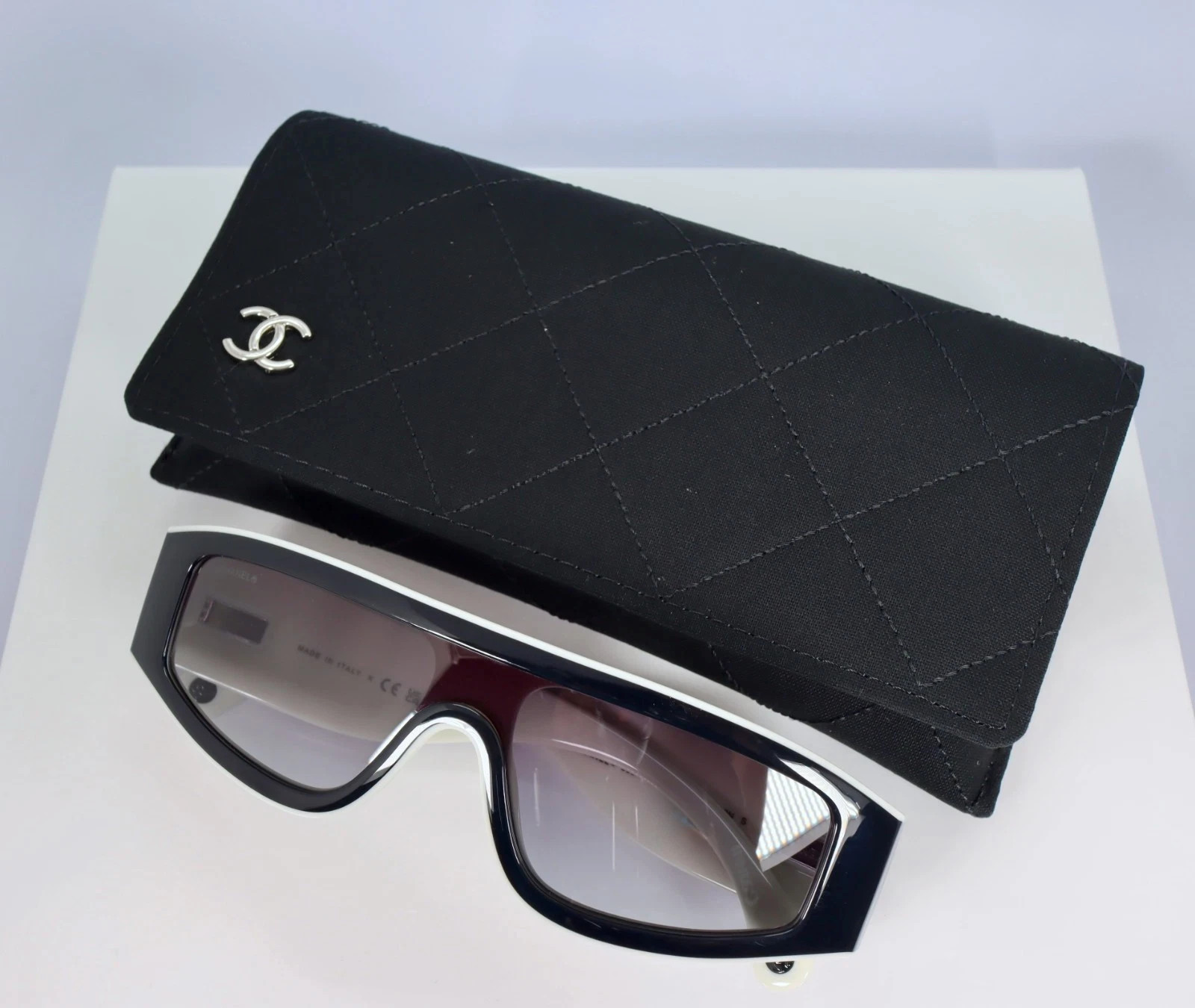 Chanel CH6057 Shield Sunglasses in Black and White with Gray Lenses Chanel CH6057 Shield Sunglasses in Black and White with Gray Lenses