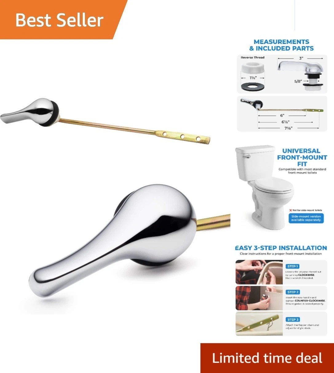 Elegant Chrome Flush Lever Kit for Front-Mount Toilets - Universal Fit