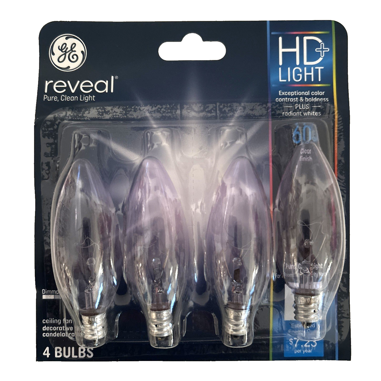 GE REVEAL HD PURE CLEAN LIGHT  60W Dimmable Candelabra BC type Total 4 Bulbs