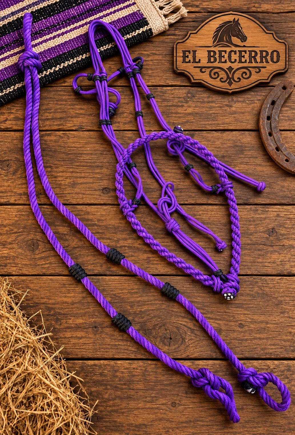 Bosal Riendas Morado/Blanco Charras Purple/Black Horse Halter/Lead Rope