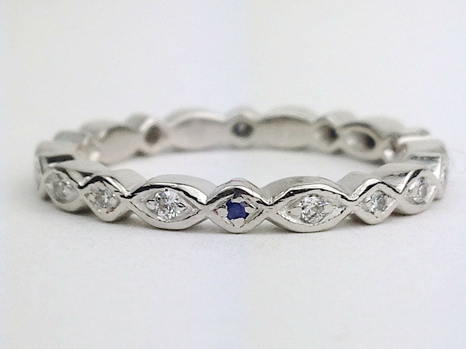 Platinum Round Diamond Blue Sapphire Eternity Wedding Band Vintage Style