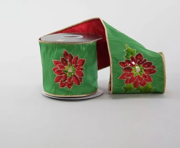 Katherine\'s Collection Poinsettia Ribbon Green/ Red 05-805391 NEW 4 x 5yds