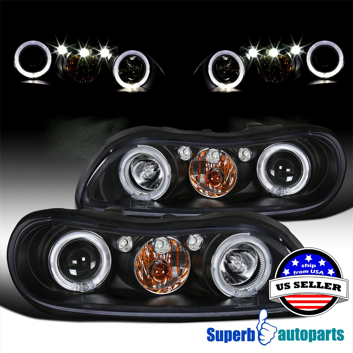 Fit 1997-2003 Chevy Malibu 04-05 Classic Halo Black Projector Headlights LED Bar Fit 1997-2003 Chevy Malibu 04-05 Classic Halo Black Projector Headlights LED Bar