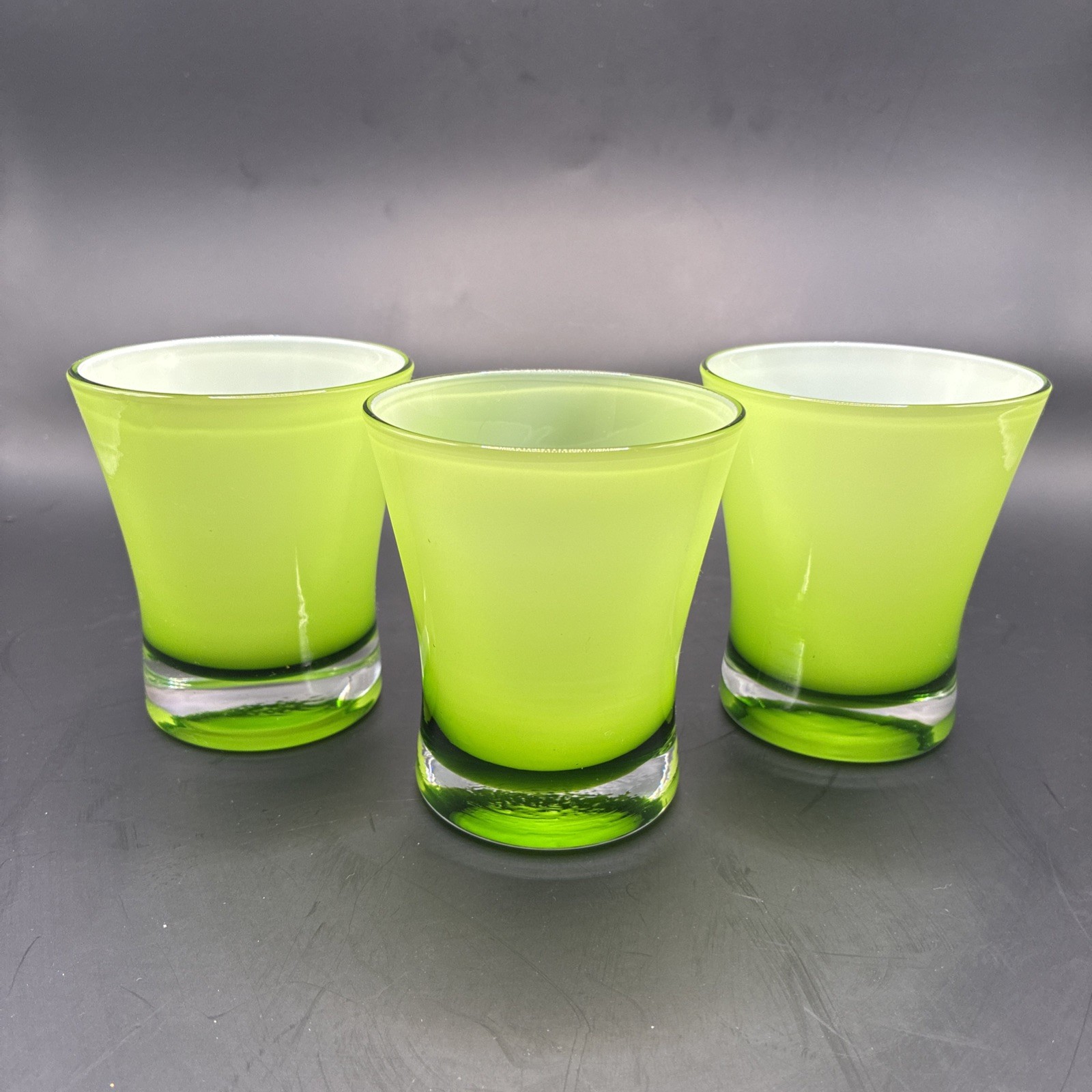 Vintage MCM Lime Green Cased Glass Tumblers Hourglass Shape Milk Glass Set of 3 Vintage MCM Lime Green Cased Glass Tumblers Hourglass Shape Milk Glass Set of 3