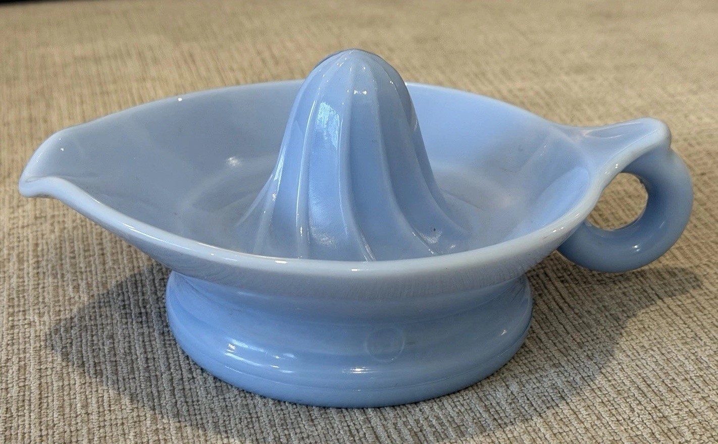 McKee Delphite Poudre Blue Milk Glass Loop Handle Lemon Juicer Reamer 1930s McKee Delphite Poudre Blue Milk Glass Loop Handle Lemon Juicer Reamer 1930s