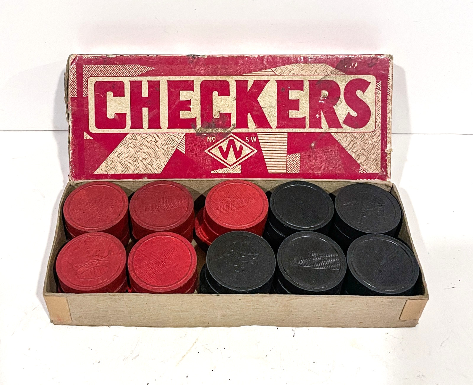 Vintage Halsam No. 5-W Wooden CHECKERS Playing Pieces Set w/Box 1940s