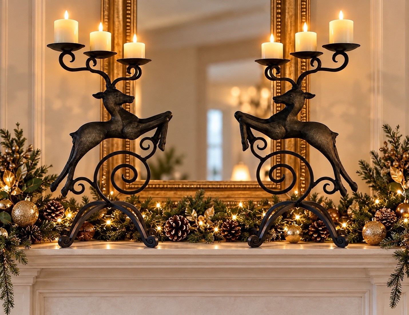 Pier 1 Iron Reindeer Stag 3 Arm Candelabra Candle Holders Christmas pair of 2