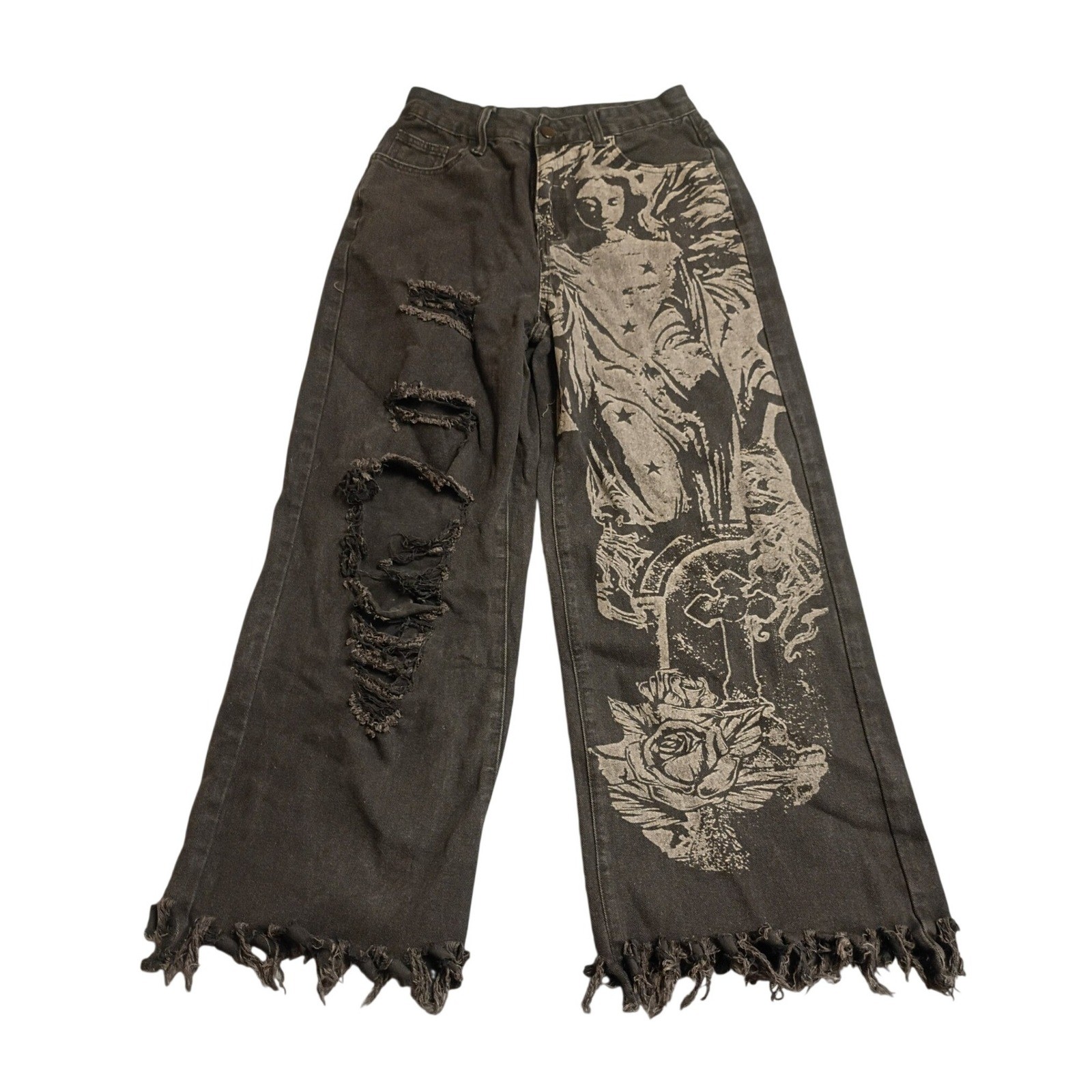 Romwe Wide Leg Graphic Jeans Womens 6 Black Angel Rose Distressed Grunge Alt