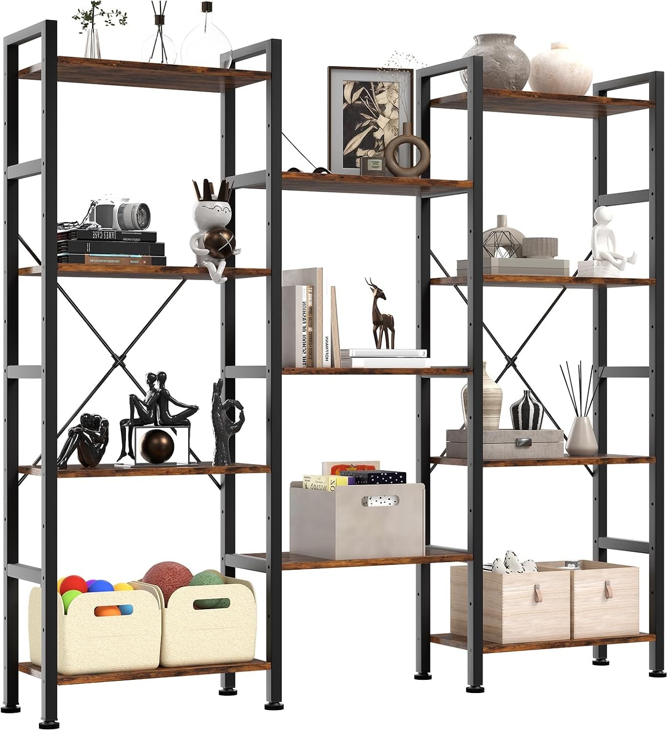 Triple Column 4 Tier Bookshelf, Wide Industrial Bookcase, Brown