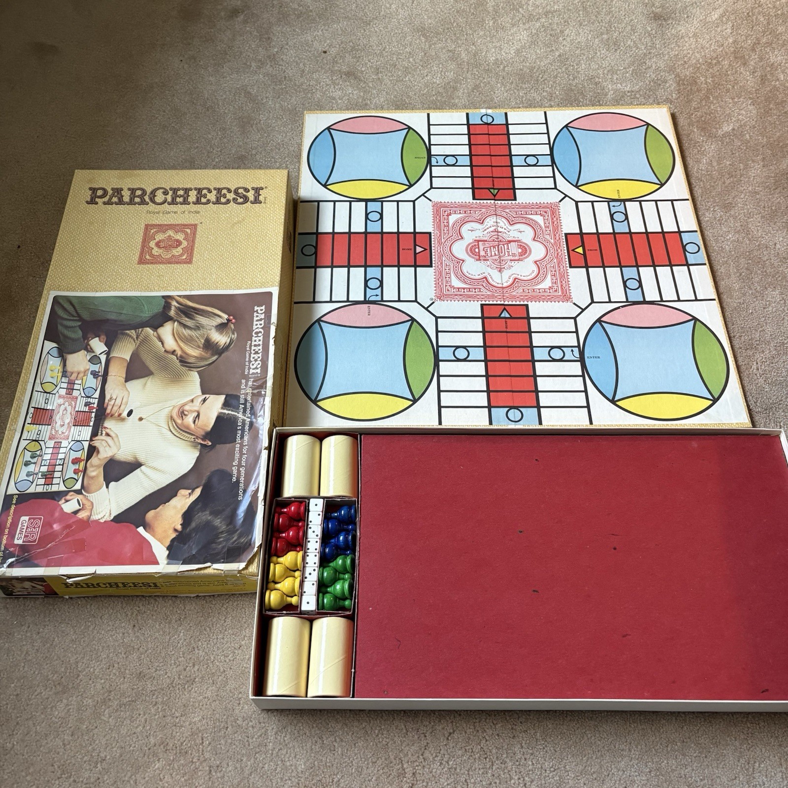 Parcheesi Board Game 1975 Vintage India Game Night S&R Wood Parts USA Never Used Parcheesi Board Game 1975 Vintage India Game Night S&R Wood Parts USA Never Used