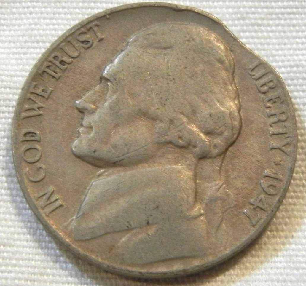 1947 jefferson nickel five cent coin clipped planchet error ,About Uncirculated 1947 jefferson nickel five cent coin clipped planchet error ,About Uncirculated