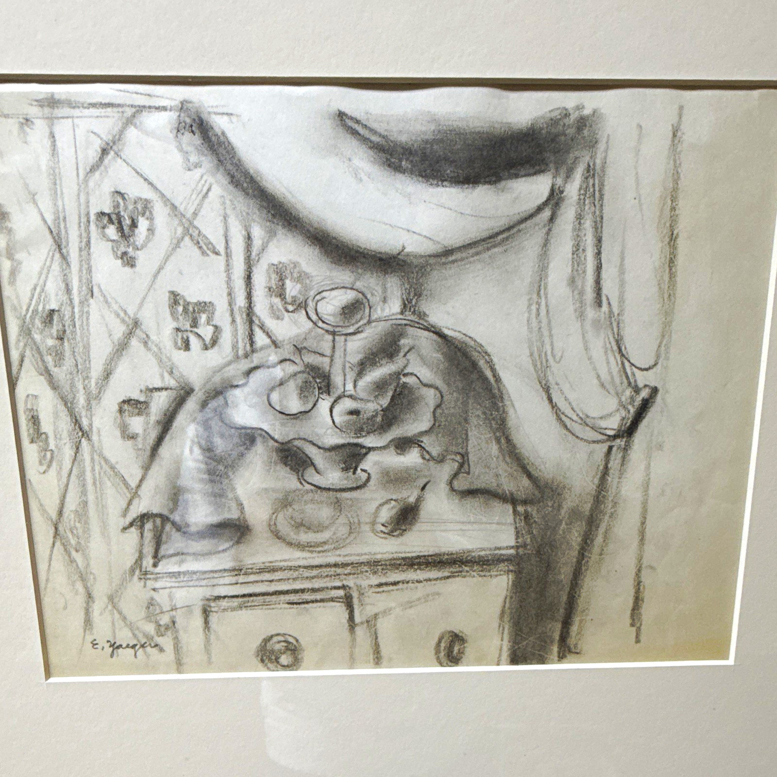 Edgar Yaeger Charcoal Still Life Sketch Table Flowers on Paper,